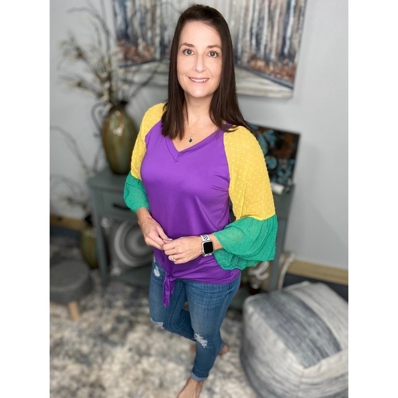 Mardi Gras Color Block Swiss Dot Flutter Bell Sleeves V Neck Tie Bottom 0724 - Picture 5 of 17